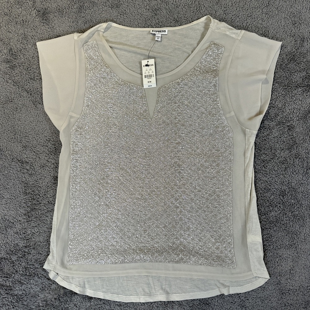 NWT Women's Express Shimmer Short Sleeve Top Size M Silver & Nude/Cream Party